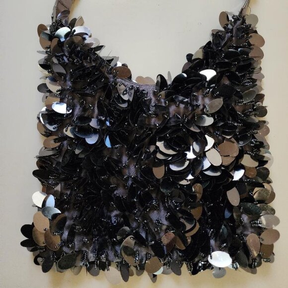 Silver Pailettes Sequins Beaded Hand Bag Purse - Picture 3 of 6